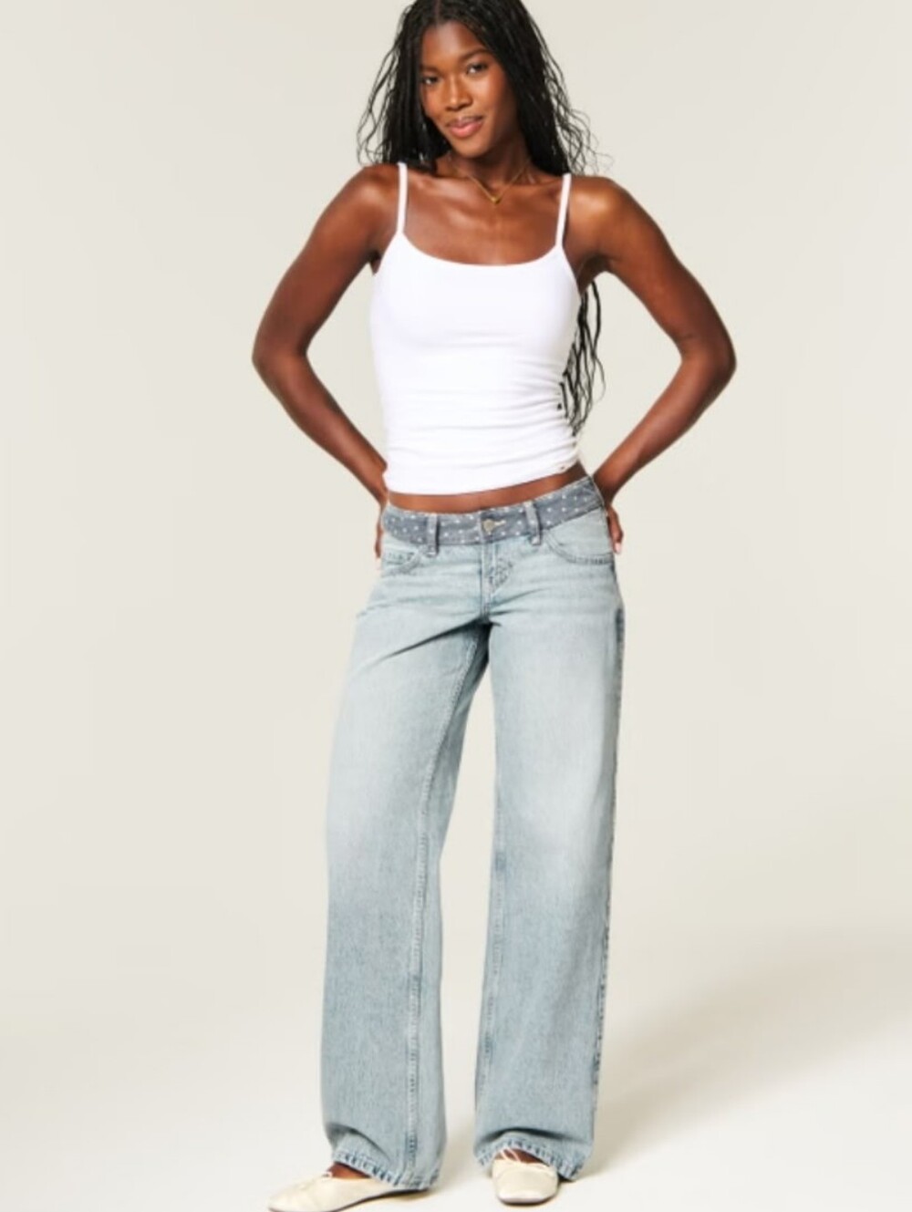 Hollister Light Blue Polka Dot Waist Wide Leg Jeans